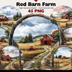 Pacchetto clipart fienile rosso, PNG fattoria acquerello, stampabile paesaggio fantasy, download digitale fattoria di campagna, PNG bellissimo ranch