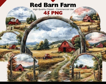 Red Barn Clipart Bundle, Watercolor Farm PNG, Fantasy Landscape Printable, Countryside Farmhouse Digital Download, Beautiful Ranch PNG