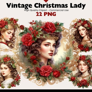 Pacote de clipart de senhora de Natal vintage, PNG de mulher vitoriana, aquarela de Natal vermelha e dourada, gráficos de moldura de Natal vintage, florista
