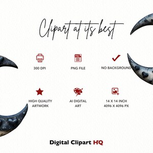 May include: A digital clipart image of a crescent moon with black hearts on a white and gray background. The image is 14 inches by 14 inches and 4096 pixels by 4096 pixels. The image is 300 DPI and a PNG file.