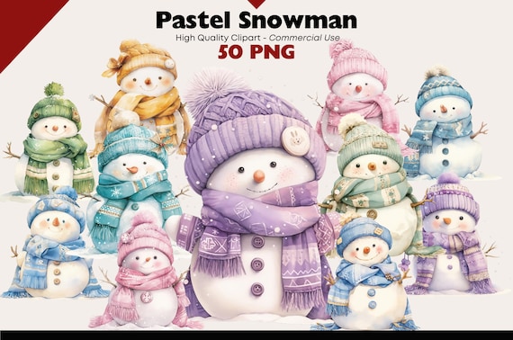 Pastel Snowman Clipart PNG, Winter Snowmen In Scarves, Soft Christmas Illustration, Cozy Holiday Digital Art, Cute Frosty PNG Download
