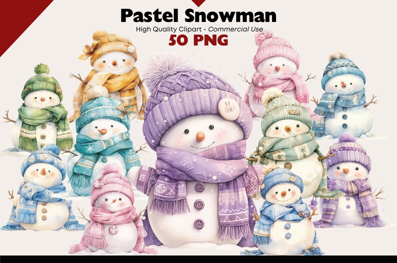 Op de afbeelding: Waterverfillustratie van pastelkleurige sneeuwpoppen met hoeden en sjaals. De afbeelding bevat de tekst "Pastel Snowman" en "50 PNG". De sneeuwpoppen zijn in verschillende kleuren, waaronder roze, blauw, groen en geel.