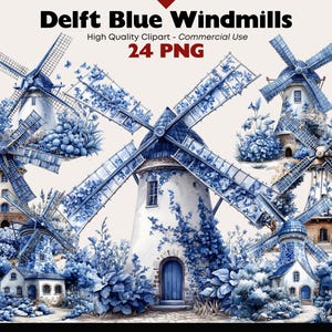 Delfter Blau Windmühle Clipart Bundle Vintage Blumen Blau Delfter Stil Muster Aquarell Natur PNG Motive Dutch Style Landschaft Papierhandwerk