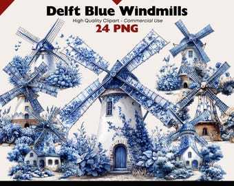 Delft Blue Windmill Clipart Bundle Vintage Floral Blue Delft Style Pattern Watercolor Nature PNG Motifs Dutch Style Landscape Paper Crafts