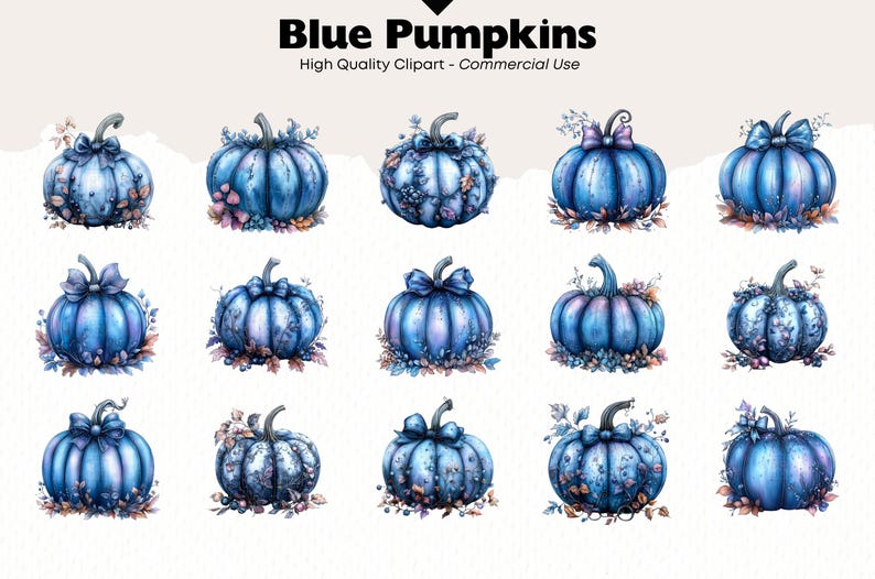Blue Pumpkins Clipart Bundle Autumn Watercolor Png Pumpkin and Leaves ...