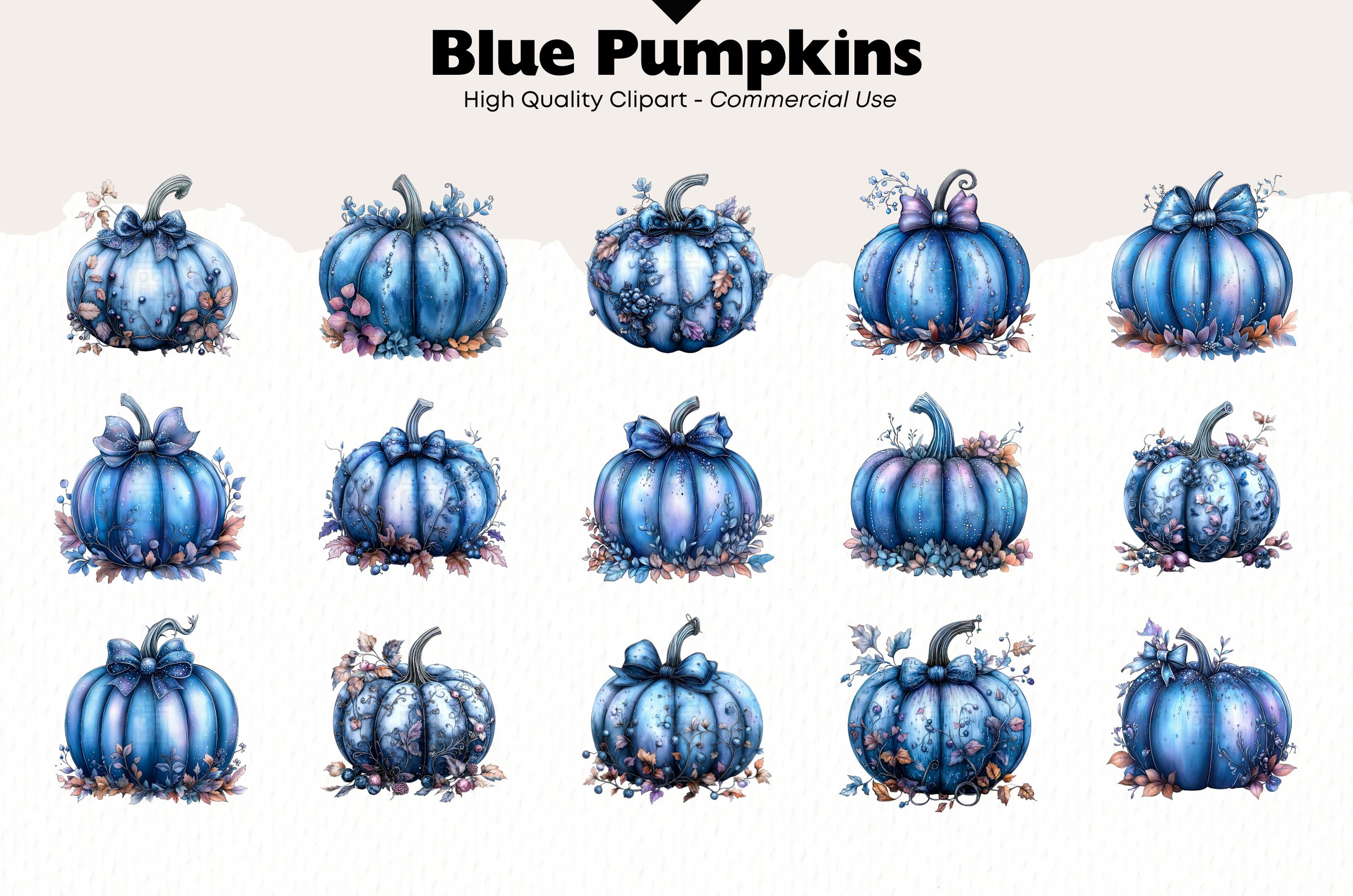 Blue Pumpkins Clipart Bundle Autumn Watercolor Png Pumpkin and Leaves ...