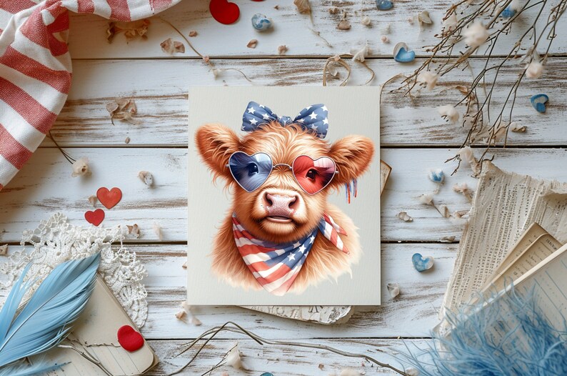 May include: A brown and white Highland cow with a red, white, and blue bandana and heart-shaped sunglasses. The cow is wearing a bow with white stars on it.