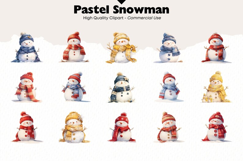 Op de afbeelding: Waterverf clipart met een verzameling pastelkleurige sneeuwmannen. Elke sneeuwman draagt een hoed en sjaal in verschillende kleuren, waaronder rood, blauw en geel. De afbeelding bevat de tekst "Pastel Snowman".