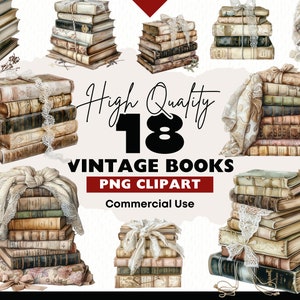 Zestaw Vintage Books Clipart, Antyczny stos książek, Grafika akwarelowa, Mól książkowy PNG, Romantyczny miłośnik książek Clipart, Książki do scrapbookingu