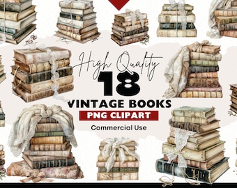 Vintage Books Clipart Bundle, Antique Pile of Books Watercolor Graphics, Bookworm PNG, Romantic Book Lover Clipart, Books for Scrapbooking