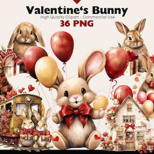 Valentijnsdag konijntje clipart, schattig konijn png, konijntje met ballonnen aquarel, schattig konijntje png liefde dier digitale download graphics