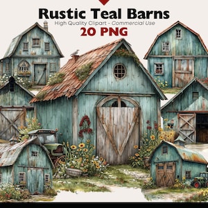 Puede incluir: Una colección de siete graneros rústicos de color azul verdoso con puertas y ventanas de madera desgastadas. Los graneros están rodeados de flores y vegetación. El texto "Rustic Teal Barns" y "20 PNG" es visible en la imagen.