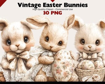 Vintage Easter Bunny Clipart, Cute Bunny PNG, Cute Rabbit Illustration, Neutral Easter Basket Clip Art, Spring Animal PNG Bundle Digital