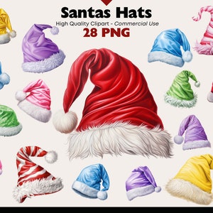 サンタの帽子のクリップアート バンドル、クリスマス帽子の水彩画 PNG、赤、ピンク、青、紫、黄、緑、ストライプの色のサンタの帽子のコレクション