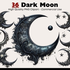 Black Moon Clipart Set, Dark Lunar Watercolor Clipart Bundle, Celestial Night Sky, Gothic Junk Journal, Dark Moons PNG, Luna Wall Art