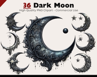 Black Moon Clipart Set, Dark Lunar Watercolor Clipart Bundle, Celestial Night Sky, Gothic Junk Journal, Dark Moons PNG, Luna Wall Art