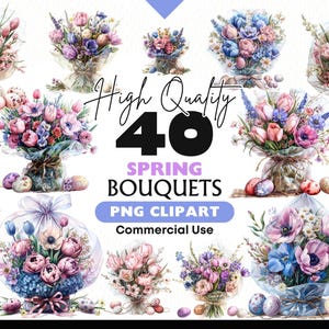 Lot de clip art bouquet printanier - 40 bouquets floraux PNG pour Pâques, fête des mères, mariages, invitations, travaux manuels et téléchargement immédiat