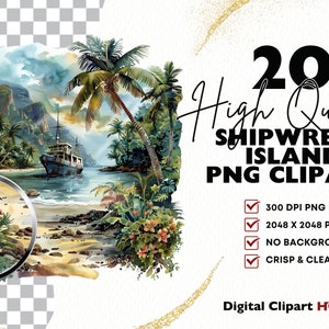 May include: A digital clipart set of 20 high-quality PNG images featuring a shipwreck island scene. The images are 300 DPI, 2048 x 2048 pixels, and have no background. The set includes a variety of elements, such as palm trees, a shipwreck, and a tropical island.