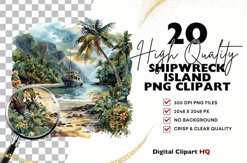 May include: A digital clipart set of 20 high-quality PNG images featuring a shipwreck island scene. The images are 300 DPI, 2048 x 2048 pixels, and have no background. The set includes a variety of elements, such as palm trees, a shipwreck, and a tropical island.