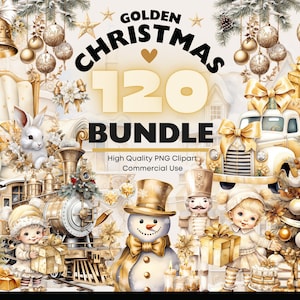 Gold Christmas Clipart Big Bundle Watercolor Christmas PNG Illustrations, Golden Christmas Graphics, Gold Christmas PNG Instant Download