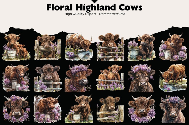 Floral Highland Cow Clipart Bundle, Whimsical Farm Animal Watercolor ...