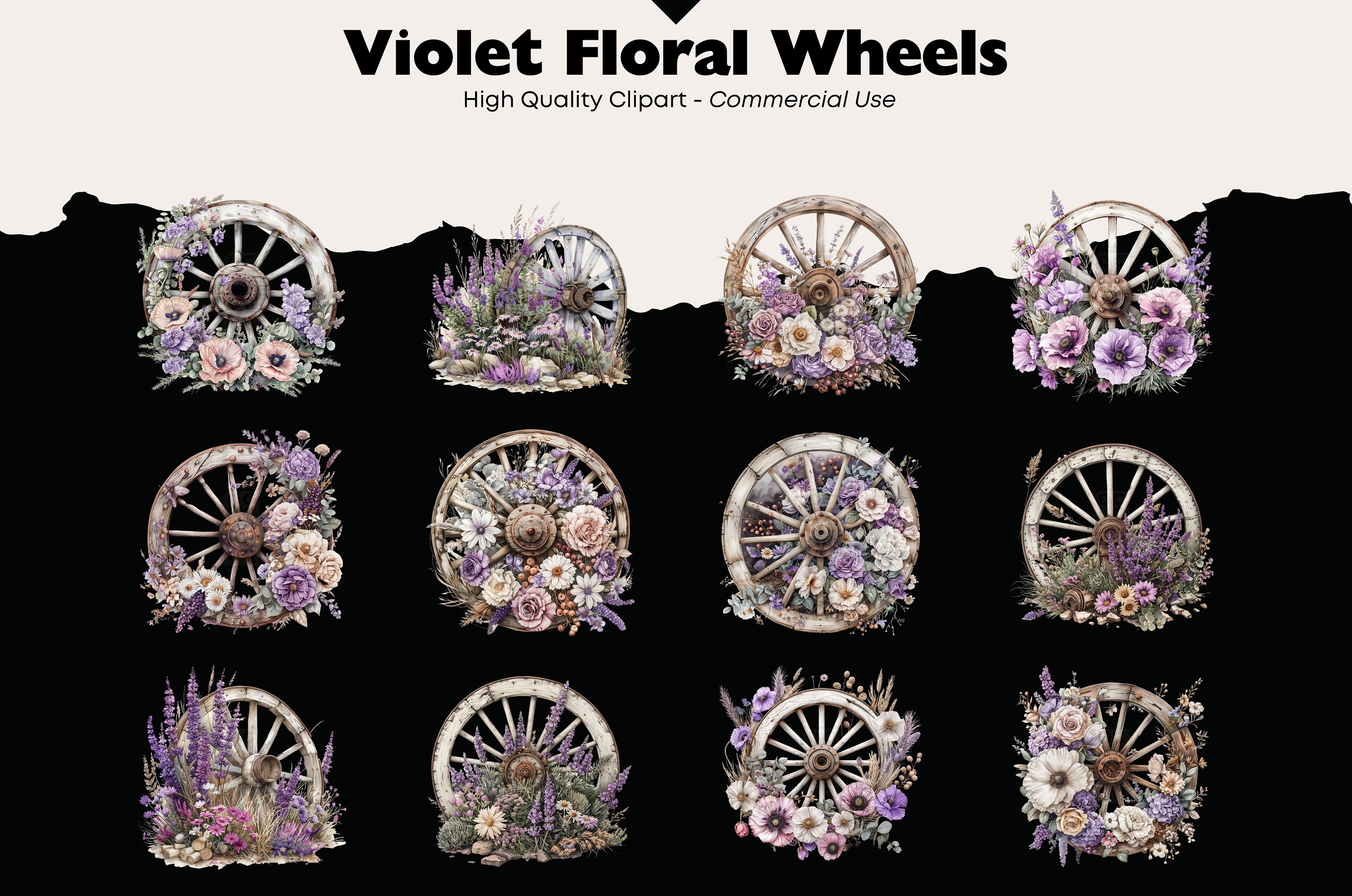 Violet Floral Wheels Clipart, Western Watercolor, Rustic Wheel PNG ...