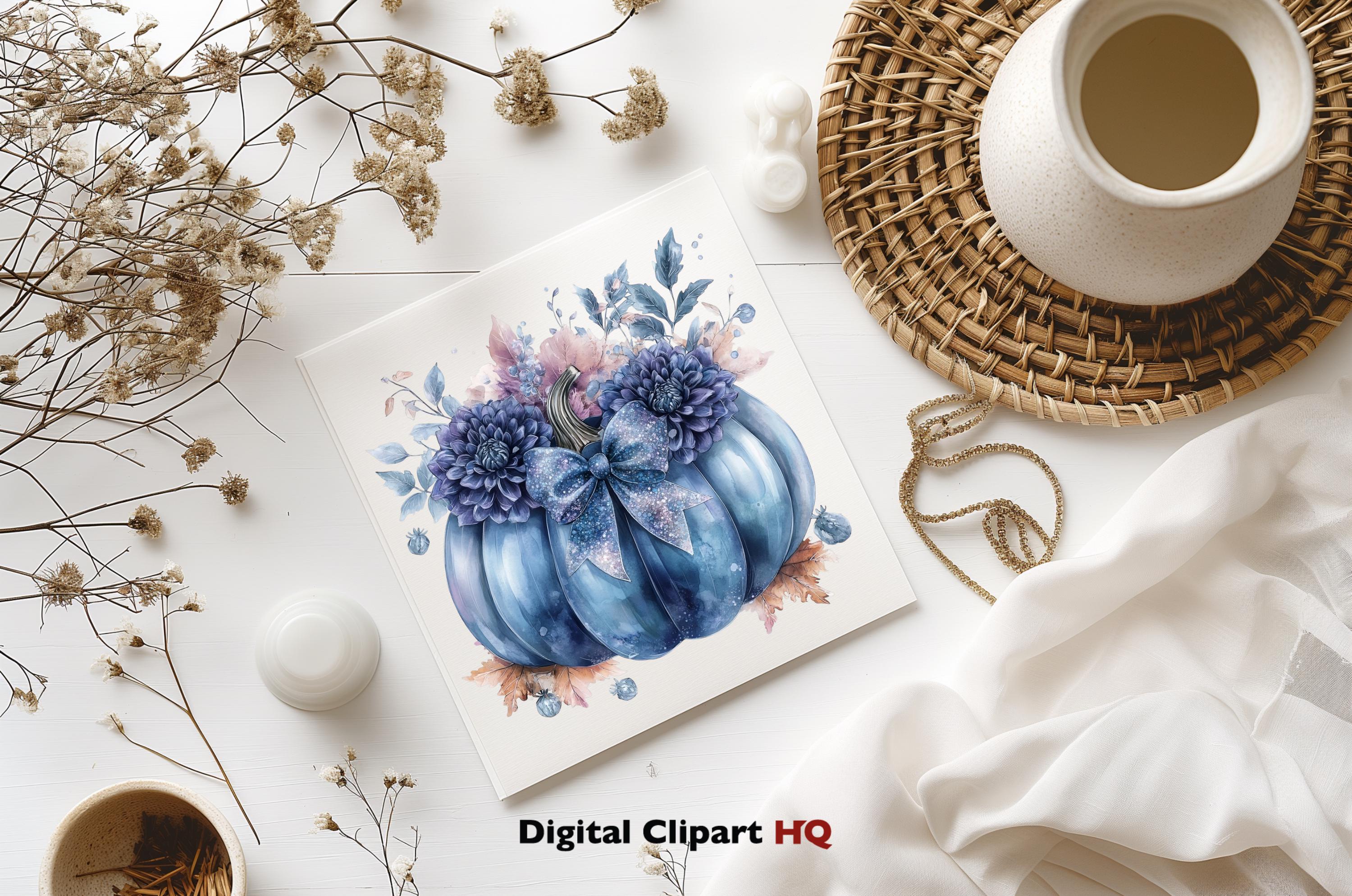 Sparkly Blue Pumpkins Clipart Bundle Autumn Watercolor Png Pumpkin and ...