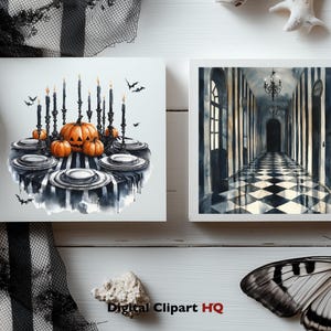 May include: Two square art prints on a white surface. One features a watercolor illustration of a Halloween table setting with pumpkins, candles, and plates. The other depicts a black and white checkered hallway with a chandelier.