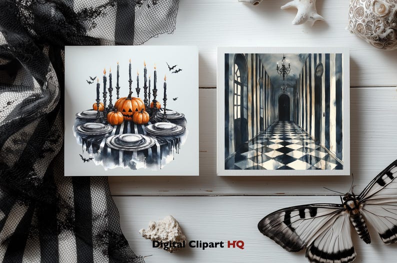 May include: Two square art prints on a white surface. One features a watercolor illustration of a Halloween table setting with pumpkins, candles, and plates. The other depicts a black and white checkered hallway with a chandelier.