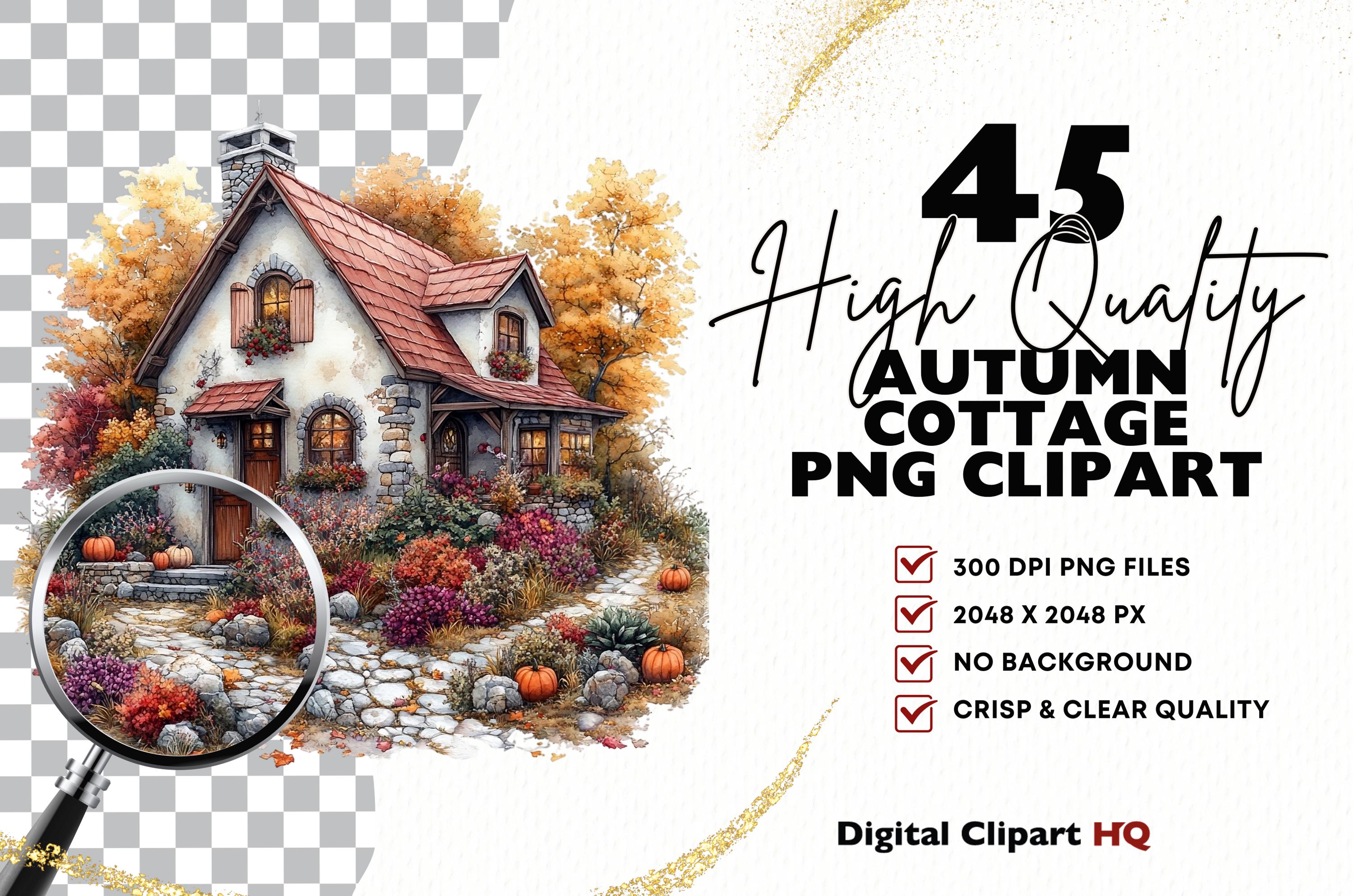 Autumn Cottage Clipart Bundle Fall Watercolor Countryside House Png ...