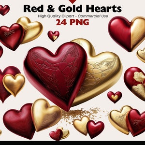 Pacote de clipart de corações vermelhos e dourados, coração PNG, ilustrações de aquarela para namorados, download digital de amor PNG, gráficos de coração para uso comercial