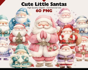 Puede incluir: Ilustraciones en acuarela de figuras de Papá Noel en varias poses y atuendos. Los Papá Noel visten trajes rojos, rosas, azules y morados con barbas y gorros blancos. La imagen incluye el texto "Cute Little Santas" y "60 PNG".