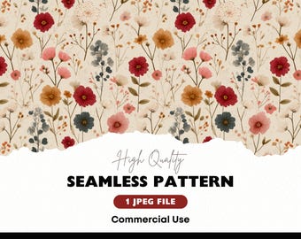 May include: A seamless floral pattern featuring a variety of flowers in shades of red, pink, yellow, and blue on a cream background. The design includes the text "High Quality SEAMLESS PATTERN" and "1 JPEG FILE Commercial Use".