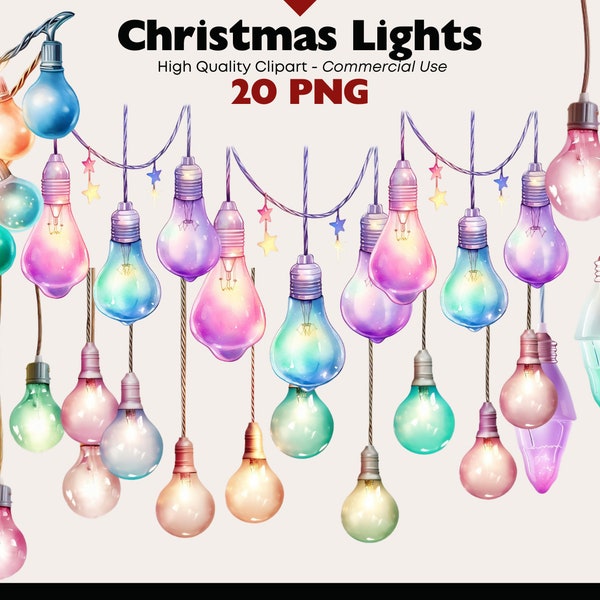 Christmas Lights Clipart, Pastel Light String PNG Bundle, Neon Light Bulb Ornaments Graphics, Winter Lights Clip Art Illustrations