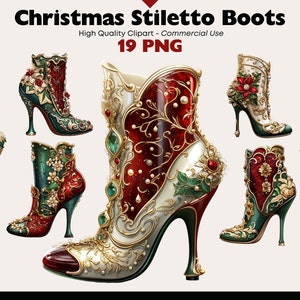 May include: A set of 19 digital images of Christmas-themed stiletto boots. The boots are decorated with red, green, gold, and white embellishments, including flowers, leaves, and jewels. The boots are all different designs, but they all have a festive and elegant look.