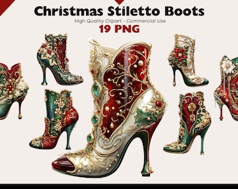 Christmas Shoe Clipart, Christmas Bundle Watercolor Stiletto PNG, Stylish Footwear Download, Holiday PNG, Winter Boots Digital Stickers