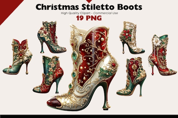 Christmas Shoe Clipart, Christmas Bundle Watercolor Stiletto PNG, Stylish Footwear Download, Holiday PNG, Winter Boots Digital Stickers