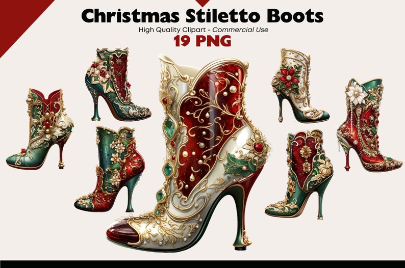 May include: A set of 19 digital images of Christmas-themed stiletto boots. The boots are decorated with red, green, gold, and white embellishments, including flowers, leaves, and jewels. The boots are all different designs, but they all have a festive and elegant look.