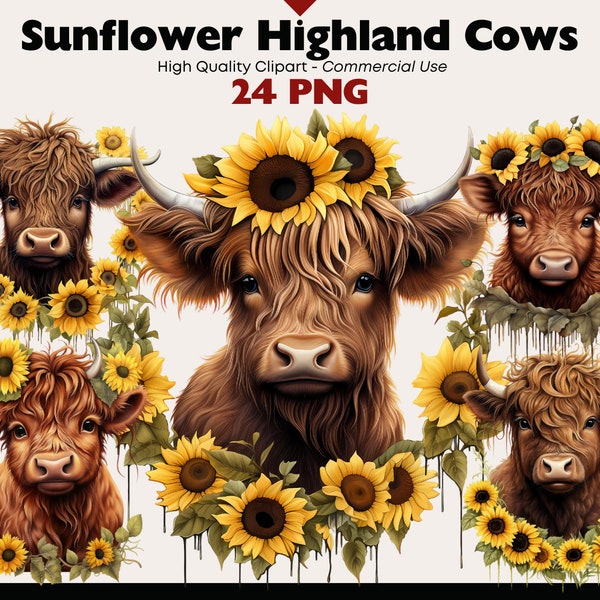 Sunflower Highland Cow Clipart Bundle, Cow Flower Crown PNG, Scottish Baby Cow Watercolor Graphics, Autumn Highland Images, Commercial Use