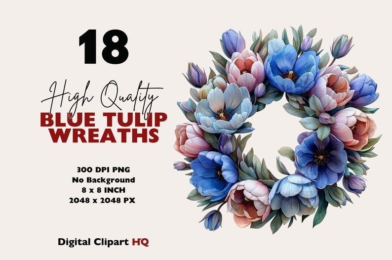 K&ouml;nnte beinhalten: 18 hochwertige blaue Tulpenkr&auml;nze, 300 DPI PNG, ohne Hintergrund, 8 x 8 Zoll, 2048 x 2048 Pixel, Digital Clipart HQ