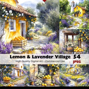 Lemon & Lavender Village – 54 JPEG Clipart (scenes, cottage, spring, floral landscape) Commercial Use
