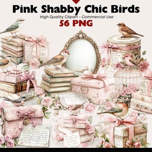 Puede incluir: Clipart digital con elementos rosas y shabby chic. La imagen incluye ilustraciones de pájaros, libros, cajas de regalo y arreglos florales. El texto "Pink Shabby Chic Birds" y "56 PNG" son visibles.
