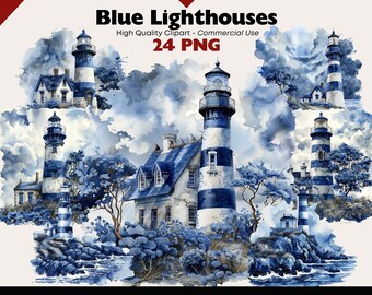 Vintage Lighthouse Clipart Bundle, Rustic Lighthouse Watercolor, Coastal Scene Printable, Blue Lighthouse Digital Download, Lighthouse PNG