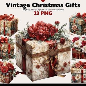 Clipart de caixa de presente de Natal, aquarela de presente vintage, download digital de pacote de Natal, gráficos de convite, design de caixa de Yule vitoriana