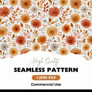 Autumn Floral Seamless Pattern, Cozy Watercolor Fall Flowers Digital Paper PNG Download, Warm Cottagecore Print, JPEG Repeat Background