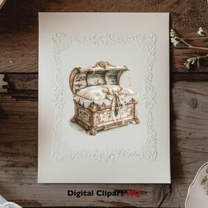 May include: A white and gold ornate wooden box with a hinged lid, decorated with floral patterns and a white lace trim. The box is open and has a white pillow inside. The box is surrounded by a white lace frame.