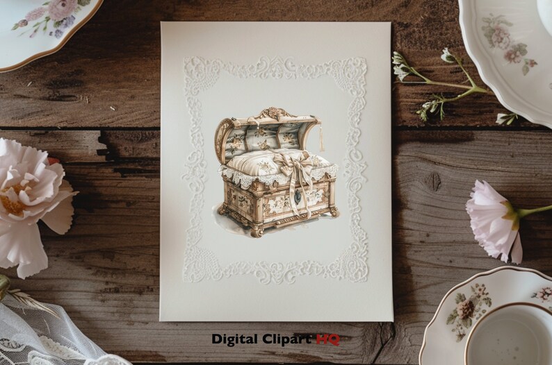 May include: A white and gold ornate wooden box with a hinged lid, decorated with floral patterns and a white lace trim. The box is open and has a white pillow inside. The box is surrounded by a white lace frame.