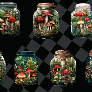 May include: Eight glass jars with cork lids, each containing a miniature forest scene with various types of mushrooms and greenery.