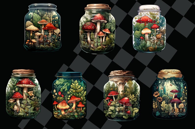 May include: Eight glass jars with cork lids, each containing a miniature forest scene with various types of mushrooms and greenery.