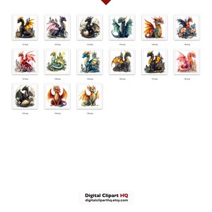 May include: A collection of watercolor dragon art prints in various colors, including black, red, green, and gold. Each dragon is depicted with intricate details, often near castles or floral elements. The prints are displayed in square frames.